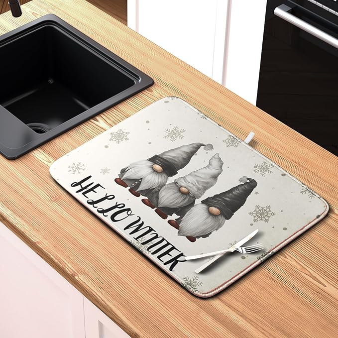Winter Gnome Dish Drying Mat for Kitchen Counter 18x24 Christmas Snowflakes Santa Kitchen Drying Mat Hello Winter Dish Drainer Mat Super Absorbent Dish Rack Mat for Coffee Bar Countertop