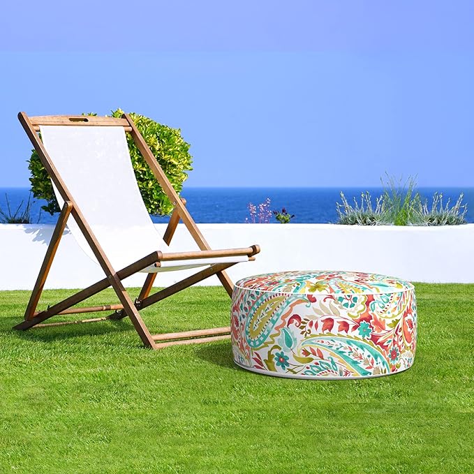 LVTXIII Inflatable Stool Ottoman Footrest with Handle, Decorative Fade-Resistant Foot Stool, Indoor or Outdoor Pouf for Home Patio Garden and Camping Use, D21 x W 21 x H9, Warm Paisley