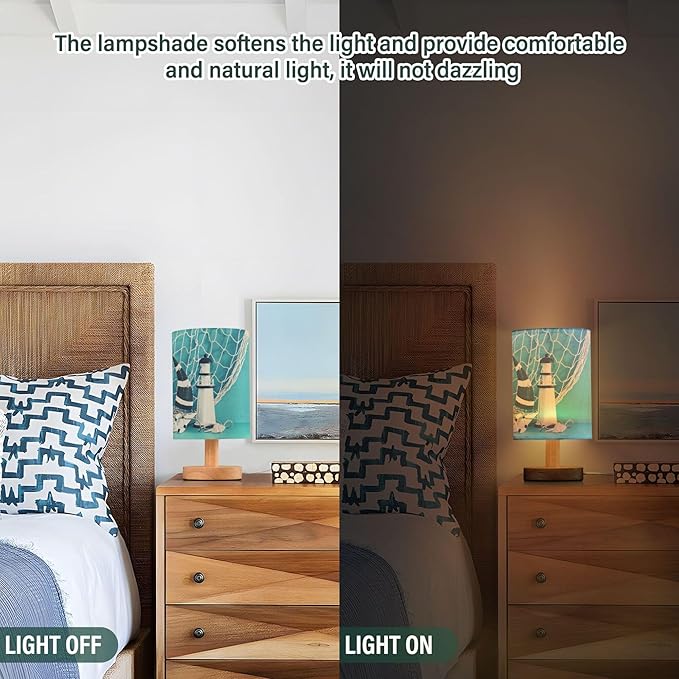 Table Lamp Nautical Sailboat Lighthouse Seashell Fishnet Blue Wood Nightstand Lamp with Wood Base Fabric Lamp Shade Bedside Desk Lamp for Living Room Bedroom Kids Room Office