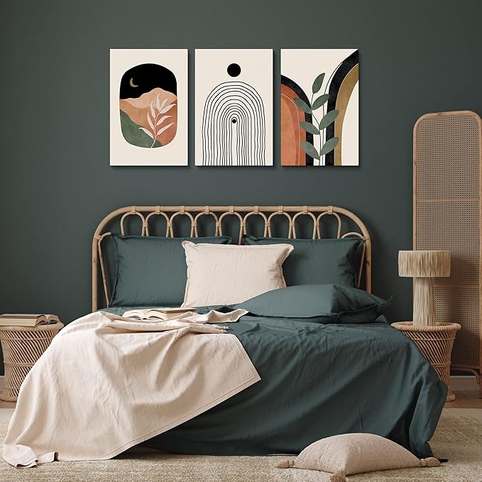 Boho Wall Art Prints Set of 3, Boho Wall Decor, Mid Century Modern Prints Sun Moon Leaf Mountain Canvas Wall Painting, Neutral Abstract Geometric Prints Canvas Artwork Prints for Bedroom Bathroom