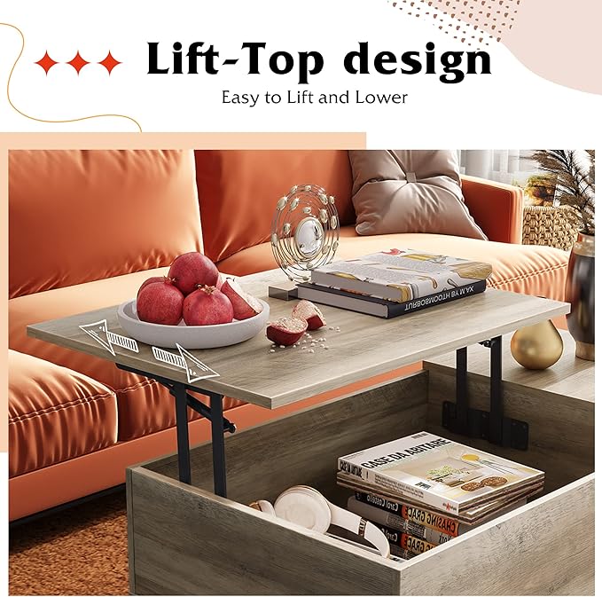 WLIVE Lift Top Coffee Table with Storage for Living Room,Small Hidden Compartment and Adjustable Shelf,Mid Century Modern ,Wood,Greige