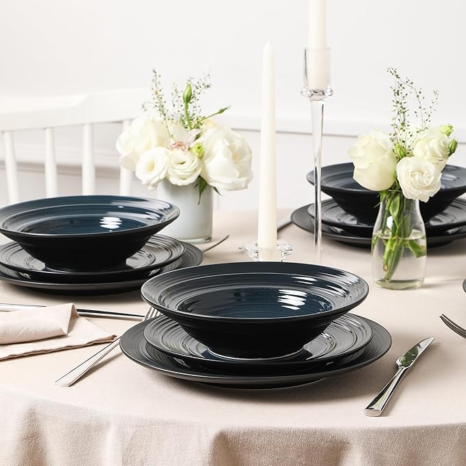 Earth & Clay Celeste 24-Piece Dinnerware Set Stoneware, Plates and Bowls Set, Includes Dinner and Salad Plates, Cereal Bowls, Dishwasher and Microwave Safe, Dishes for 8, Blue