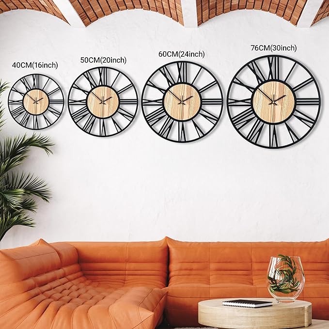 16inch/40cm Wall Clock for Bedroom Living Room Battery Operated Metal Decorative Analog Silent Analog Non Ticking Clocks Room Wall Decor (Wooden Roman Numerals, 16 inches)