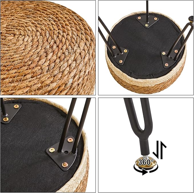YMYNY Pouf Ottoman, Handmade Natural Water Hyacinth, Pastoral Style Footrest, Footstool with 4 Metal Legs Round Vanity Stool for Bedroom, Hallway, Living Room 12.59"L×12.59"W×17.71"H White UHBD029W