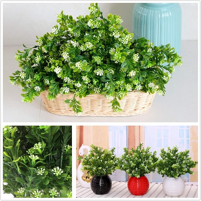 CATTREE Artificial Plants, Faux Plastic Bean Flowers Shrubs Fake Grass Leaves Simulation Greenery Bushes Indoor Outside Home Garden Office Yard Verandah Wedding Decor - 8 Pcs