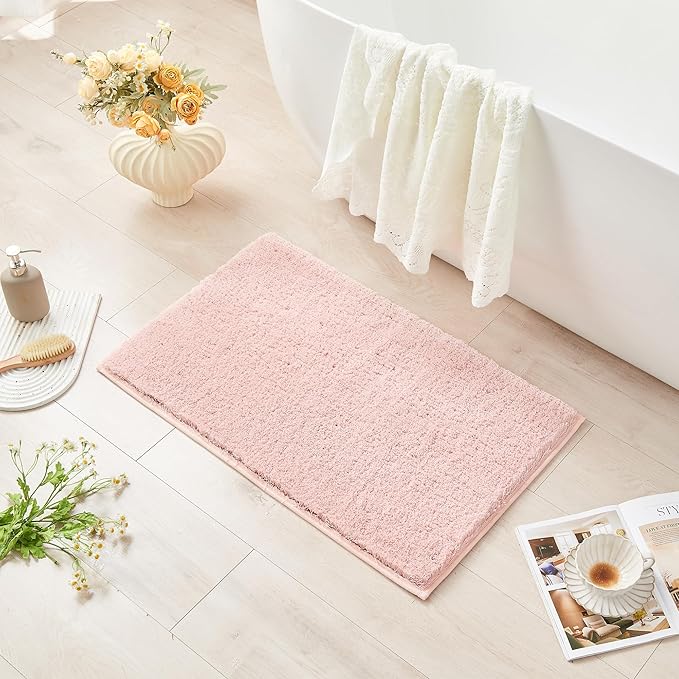 CozeCube Upgraded Shaggy Bath mat for Bathroom Non Slip 20" X 32", Super Soft Quick Dry Bath Rugs, Fluffy Plush Bathroom Rugs Machine Washable, Dusty Pink