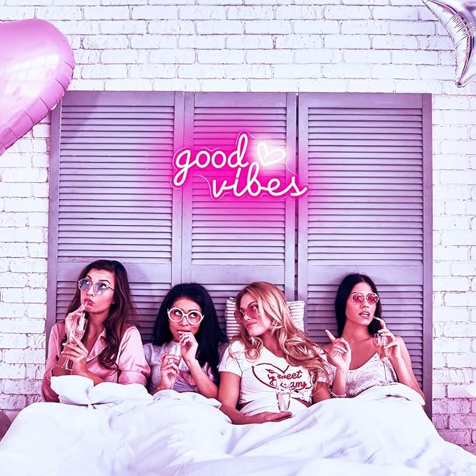 Good Vibes Neon Sign for Wall Decor, Good Vibes Neon Lights Sign, 16"x8" Heart and Good Vibes LED Signs for Bedroom Wall, USB Operated Pink Goodvibes LED Neon Lights Sign for Room Wall Decor