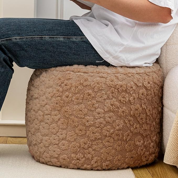 Round Plush Stuffed Ottoman Pouf - Ultra-Soft Furry Ottoman Foot Rest with High-Density Foam Filling, 20" x 14" Multi-Functional Floor Pouf for Living Room