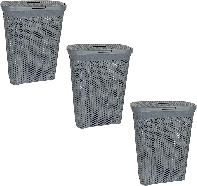 YBM Home Plastic Rattan Laundry Hamper Basket with Hinged Lid, Ventilation Holes, Durable, Lightweight Bin With Cutout Handles, Storage Dirty Clothes, Space Saver, 10.5" x 17.5" x 23.75", Grey, 3-Pack
