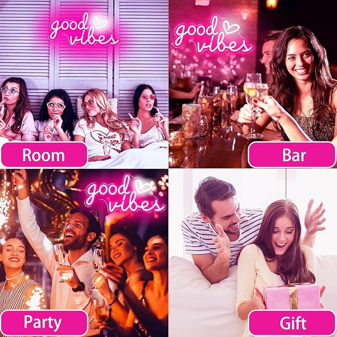 Good Vibes Neon Sign for Wall Decor, Good Vibes Neon Lights Sign, 16"x8" Heart and Good Vibes LED Signs for Bedroom Wall, USB Operated Pink Goodvibes LED Neon Lights Sign for Room Wall Decor