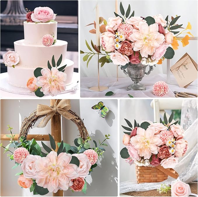 AmyHomie Pink Artificial Flowers Combo Silk Mix Peony Rose Hydrangea Daisy Fake Flowers w/Stem for DIY Wedding Bouquets Centerpieces Arrangements Table Decor Party Bridal Baby Shower Home Decor