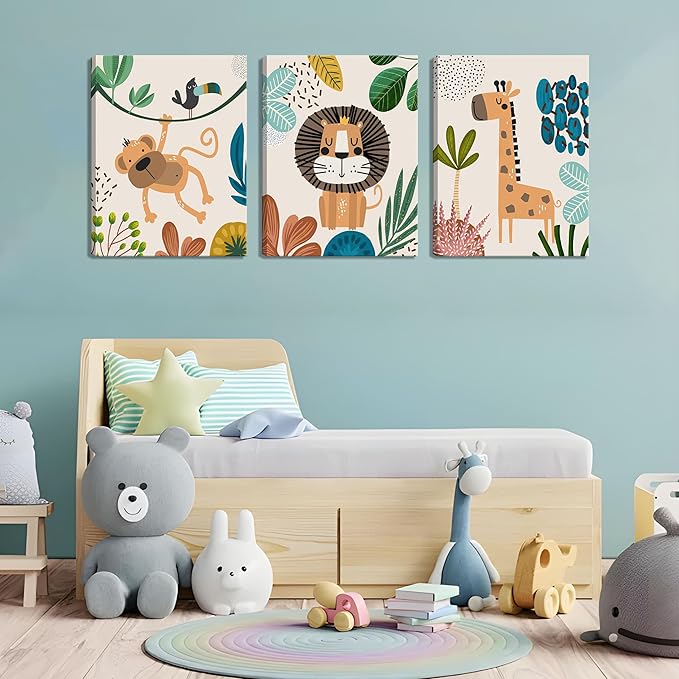 AKWISH Nursery Wall Decor Set of 3, Safari Canvas Wall Art Animals Paintings Prints, Boy Girl Kids Room Wall Decor for Shower Theme Decorations Baby Children's Room Bedroom 16x24 inch Framed