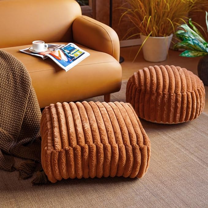 Unstuffed Pouf Ottoman Soft Bean Bag Storage Farmhouse Pouf Cover 20x20x8 Inches Decorative Floor Footrest for Living Room Bedroom Outdoor (Caramel, Round)