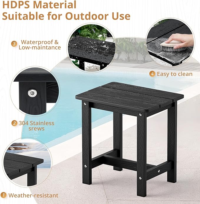 LUE BONA Outdoor Side Table Set of 2, HDPS Small Outdoor Table, Adirondack Side Table, Outside End Table for Patio, Porch, Deck, Pool, Weather Resistant/Easy Maintenance/Indoor or Outside Use, Black
