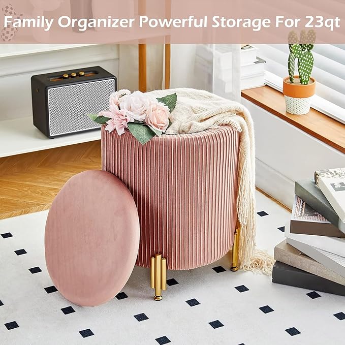 Mxfurhawa Round Ottoman Foot Stool with Storage and Metal Legs for Living Room Bedroom, Velvet Upholstered Footrest Stool Support 300lbs Modern Padded Seat Ottoman Coffee Table (Dusty Rose)
