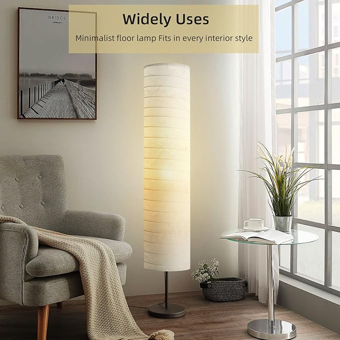 Modern Floor Lamp, Dimmable 3 Levels Brightness Paper Tall Lamp Standing Lamps with Lampshade, 55'' Minimalist Floor Lamps for Office, Kids Room, Reading, Home Decor (White)