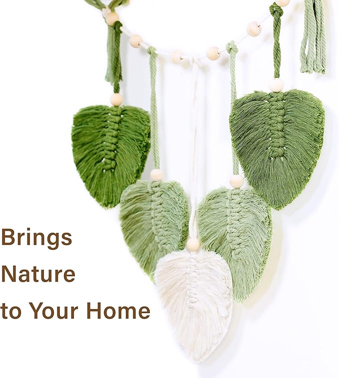 Macrame Wall Hanging 2-Tier Shelf, Boho Floating Wooden Shelves with Green Woven Rope and Leaf Decor,Plant Display for Bedroom, Dorm, Nursery, Living Room, and Bathroom Wall Decor