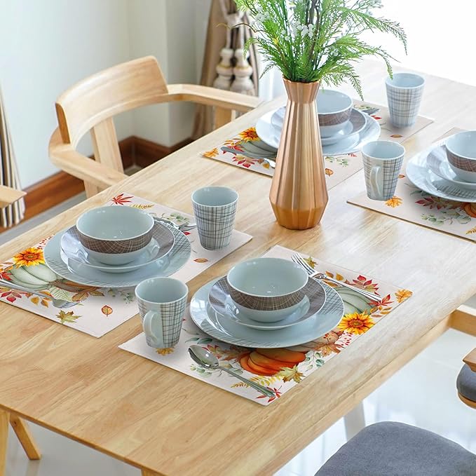 Pumpkins Maple Leaves Placemats Set of 4 Sunflowers Autumn Thanksgiving Table Mats 12 x 18 Inch Farmhouse Decoration for Party Dining Kitchen