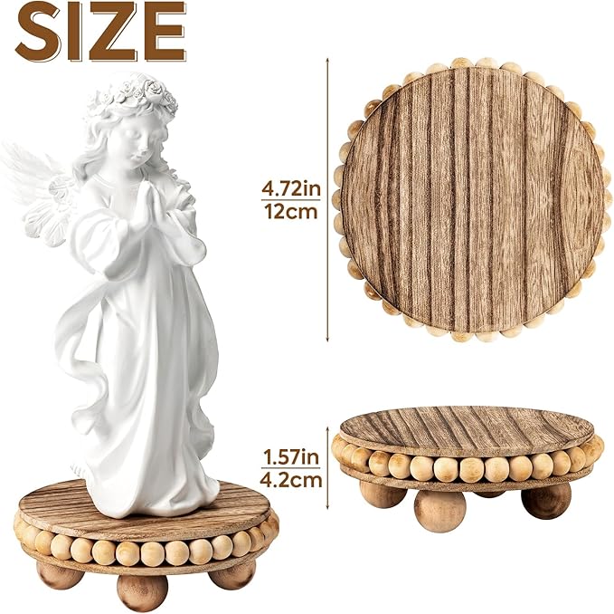 2Pcs Wood Risers for Display Decorative,Round Beaded Riser Distressed for Decor ,Wooden Farmhouse Coasters Mini Cake Stand Plant Stand,Rustic Pedestal Stand Decor Display Risers for Tiered
