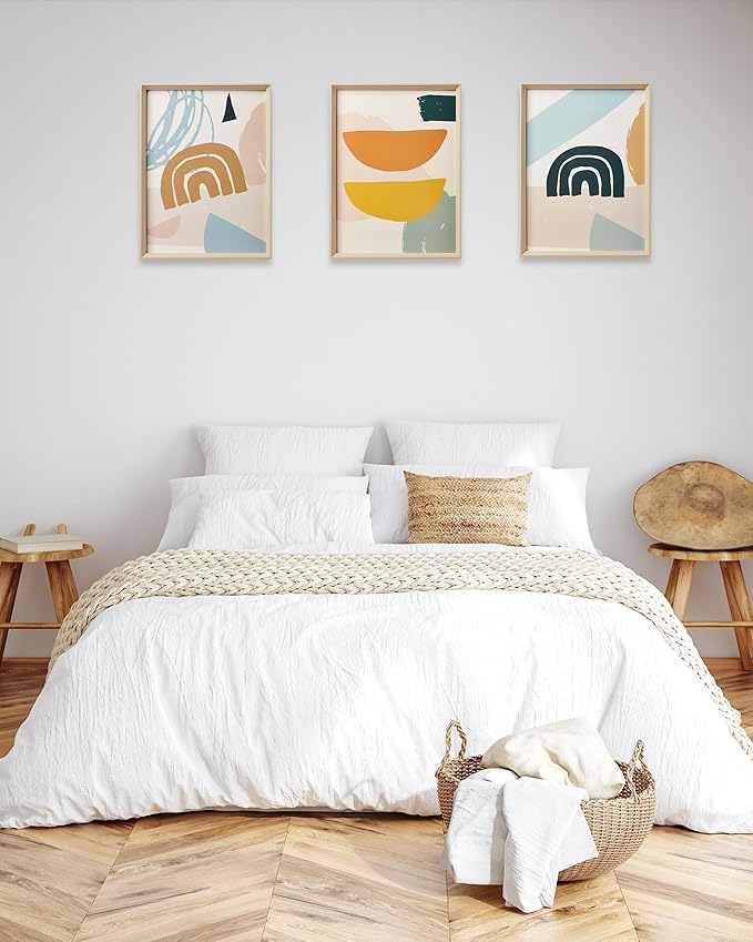 Framed Boho Wall Art for Bedroom,Abstract Canvas Wall Decor,12x16IN Minimalist High Framed Wood Design Prints for Living Room,Bathroom Set of 3
