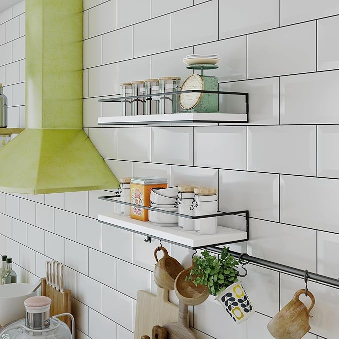 Shario Floating Shelves - Set of 2, Wall Mounted Hanging Shelves with Golden Towel Rack, Decorative Storage Shelves for Bathroom, Kitchen, Living Room & Bedroom (White Grey)