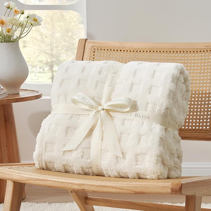 Cozy Bliss Soft Queen Size Waffle Blanket - Lightweight Cozy Blankets Gift for Women,Cute Checkered Throws Blanket for Bed, Couch and Sofa,Ivory,90x90 Inches