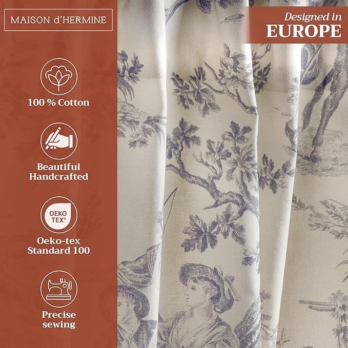 Maison d' Hermine Curtains for Living Room 100% Cotton 124 inch Length Two Panels Light Filtering Toile Curtains for Bedroom Windows with Rod and Loop Pockets (The Miller Paloma Gray, 50" W x 124" L)