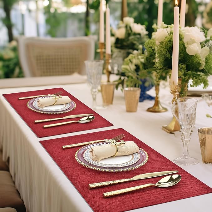 Red Christmas Placemats Set of 6 - Festive Easy to Clean Linen-Style Fabric Table Mats - Machine Washable & Heat Resistant Non-Slip Design for Thanksgiving and Holiday Dining (Red, 6)