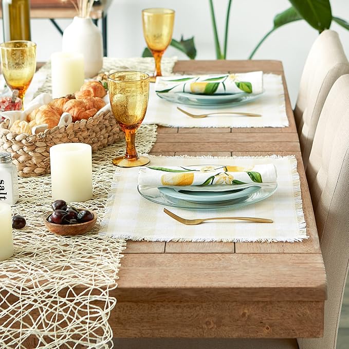DII Heavyweight Fringed Check Tabletop Collection, Placemat Set, 13x19, Natural, 6 Count
