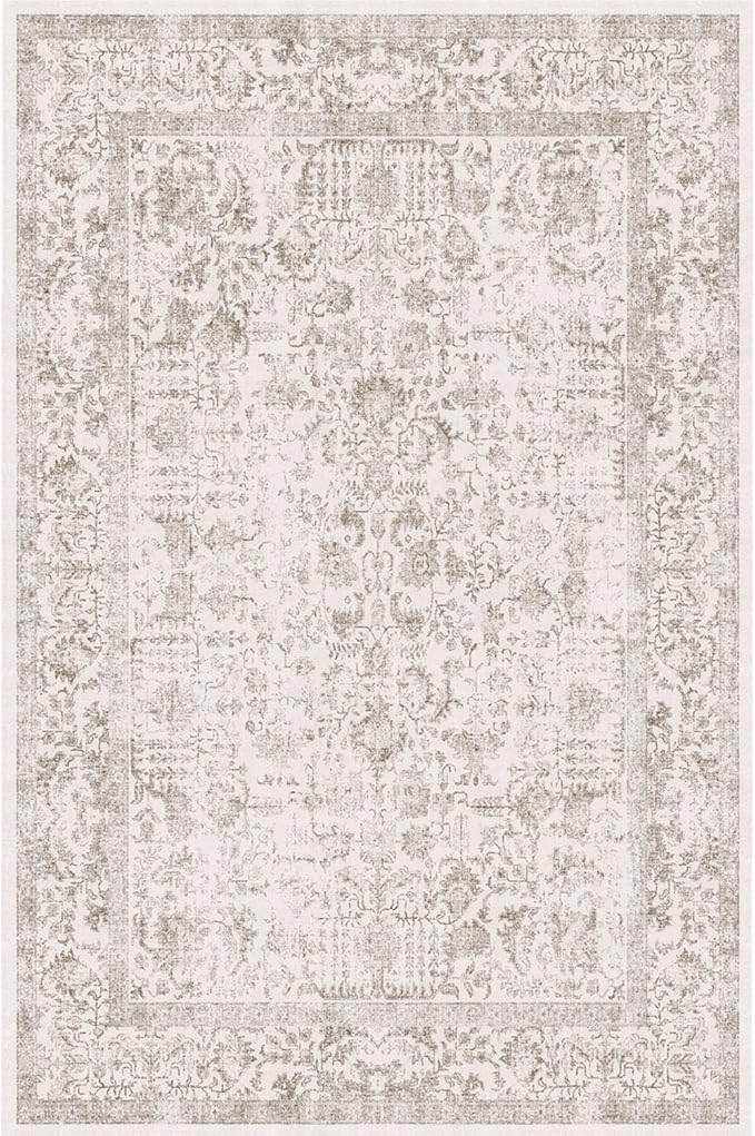 Light Brown Area Rug 4x5 Office Entryway Rug Machine Washable Kitchen Vintage Distressed Non Slip Carpet Indoor Retro Floral Accent Throw Door Mat for Bathroom Bedroom Dining Living Room