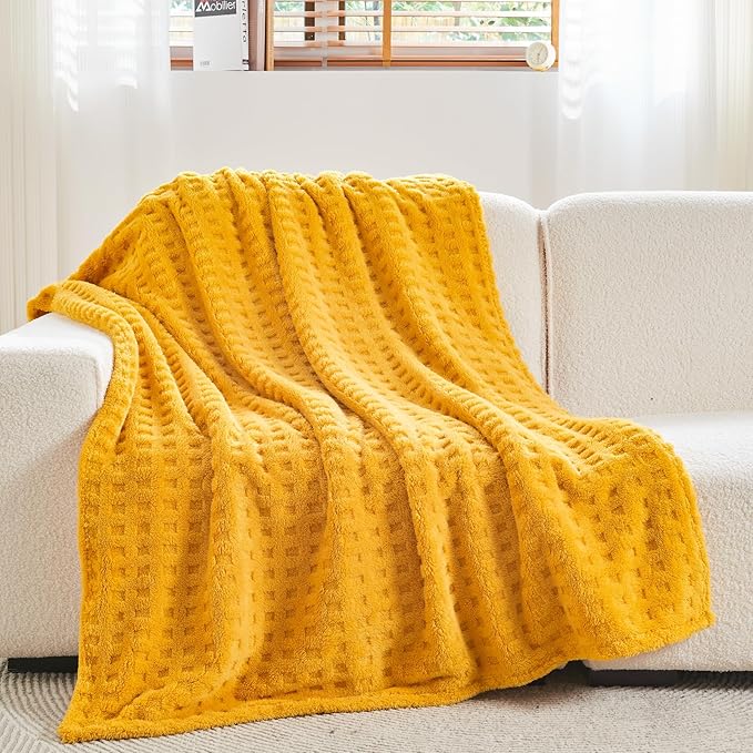 NEWCOSPLAY Super Soft King Blanket Yellow Premium Silky Flannel Fleece 3D Waffle Checkered Lightweight Bed Blanket All Season Use (Mustard Yellow, King(90"x110"))