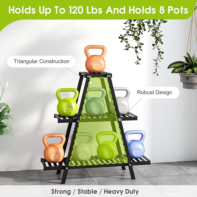 BMOSU Plant Stand Bamboo for Indoor Outdoor Tiered Plant Shelf 8 Potted Flower Holder Ladder Rack Garden Balcony Living Room Patio(3 Tier Black)