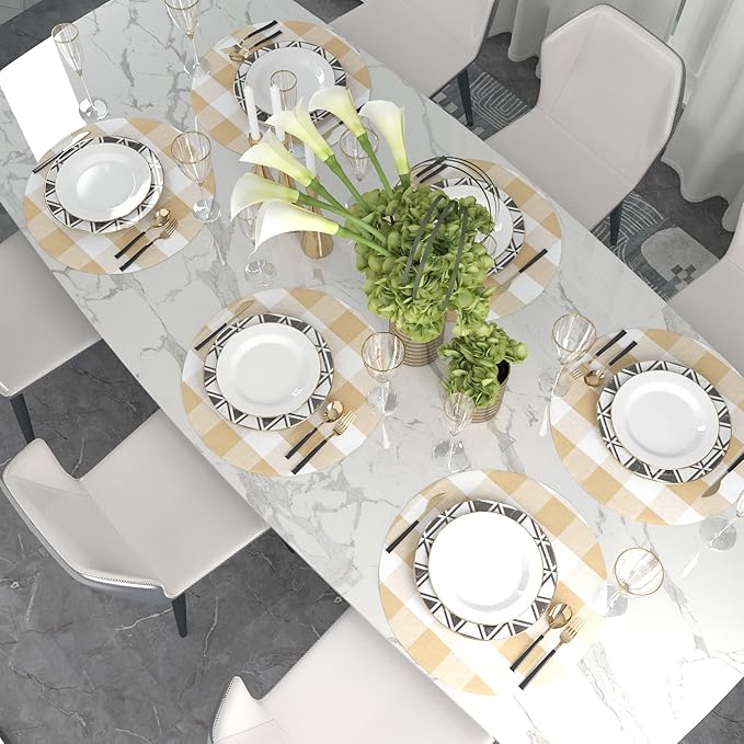 Beige & White Round Placemat Cotton Buffalo Check Plaid Gingham 15 Inch eco-Friendly Fabric Handcrafted Machine Washable Indoor & Outdoor Tablemat Set of 4