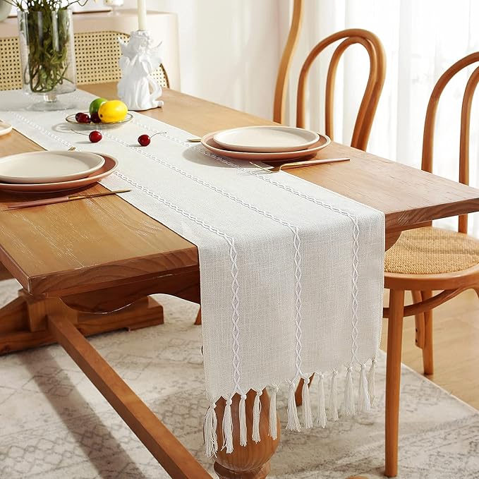 Chassic Rustic Farmhouse Style Linen Table Runner, Boho Handmade Fringe Braided Stripe Table Runners 108 Inches Long for Holiday Party, Wedding and Dining Decorations, 13 x 108 inch - Ivory