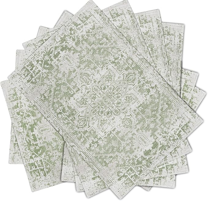 Gray Light Green Boho Placemats Set of 6 Ethnic Bohemian Carpet Place Mats Washable Kitchen Dining Vintage Grey Geography Floral Linen Table Mats Stain Heat-Resistant for Home Party Indoor 12x18 in