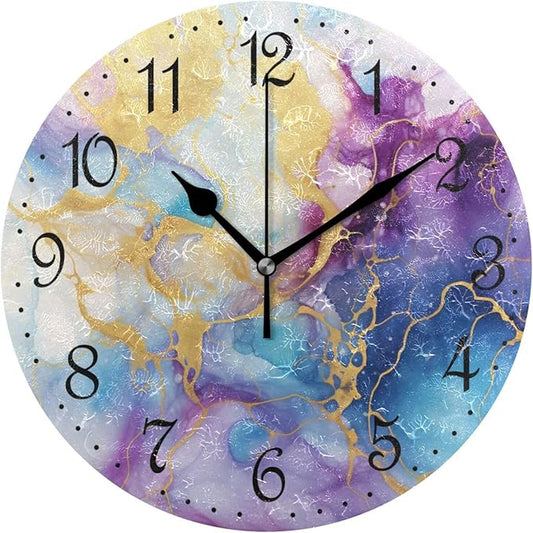 ALAZA Wall Clock Purple Blue Gold Marble Silent Non-Ticking Decorative Wall Clocks Battery Operated 10 Inch for Home Living Room Kitchen Bathroom Bedroom