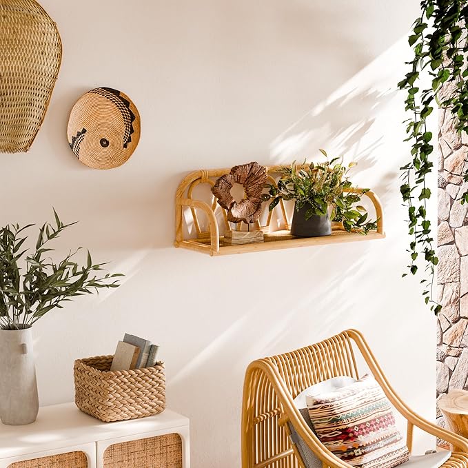 Rattan Wall Shelf - Natural Boho Wicker Shelf, Decorative Shelves for Nursery Decor,Picture Ledge Shelves, Wall Mail Organizer,Floating Rattan Bookshelf for Office, Bedroom,Bathroom,Kids Room