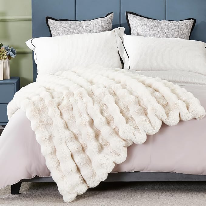 JONIYEAR Soft Fuzzy Bubble Faux Rabbit Fur Throw Blanket for Couch 50" x 60", Double Sided Textured Warm Fluffy Blanket for Winter, Luxury Cozy Puffy Shaggy Comfy Furry Blankets for Chair, Cream White