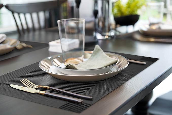 More Décor Dining Table Placemats, Washable Heat-Resistant PVC Vinyl Table Mats for Dining Room and Kitchen, Anti-Slip - Set of 4 -Black