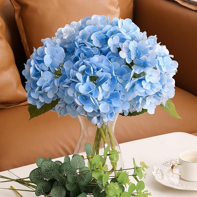 Tifuly Fake Hydrangea Artificial Flowers with Vase 4pcs Real Touch Faux Hydrangea and 3pcs Eucalyptus Stems for Wedding Centerpiece Home Party Table Decoration(Blue)