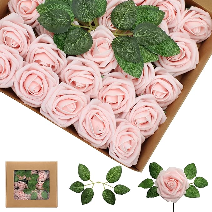 50PCS Artificial Flowers Blush Pink Roses Real Looking Foam Fake Roses with Leaves and for DIY Wedding Bouquets Bridal Shower Centerpieces Party Decorations (Blush Pink)