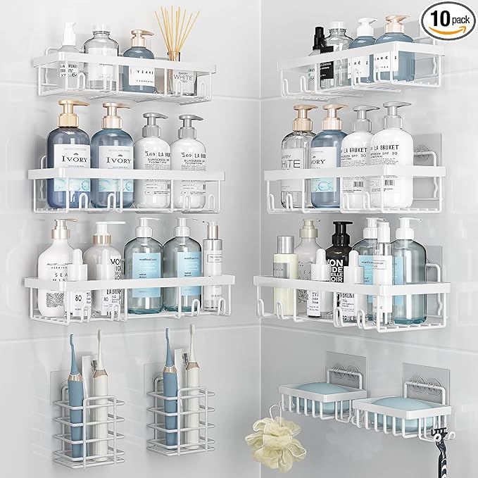 10 Pack Shower Caddy Organizer Rack Shelf for Inside Shower, Self Adhesive Wall Storage Basket Rustproof Stainless Steel Shampoo Holder Bathroom Accessory Decor Set, White