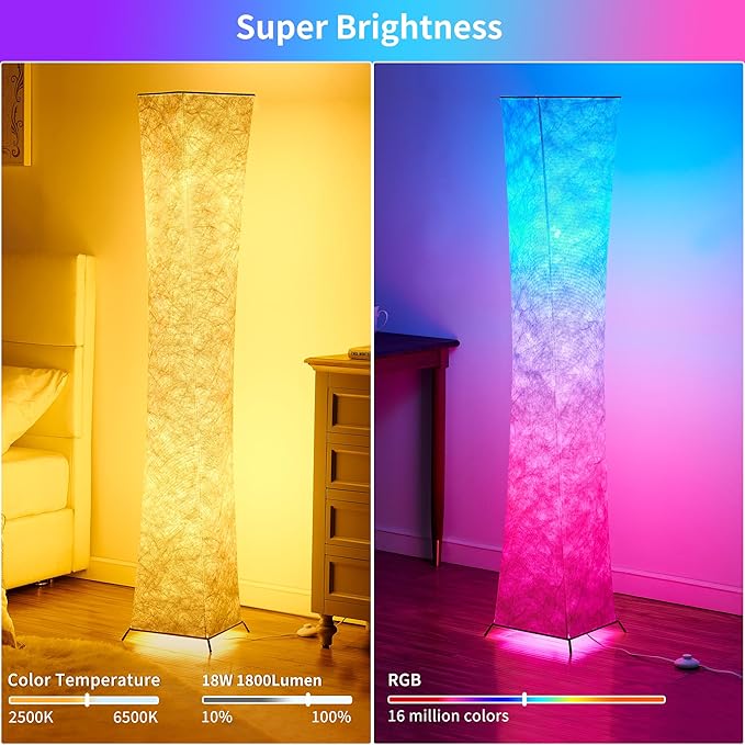chiphy Floor Lamp, 64" Tall Dimmable and RGB Color Changing LED Smart Bulbs White Fabric Shade, with Remote Control, Standing Lamp for Living Room, Bedroom Play Room