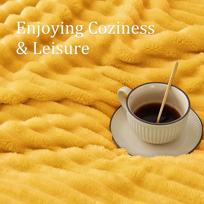 BEDELITE Blankets Queen Size for Bed, 300GSM Soft & Warm Fleece Blanket, Decorative and Giftable Striped Light Yellow Blankets for Women, Men, 90"x90"