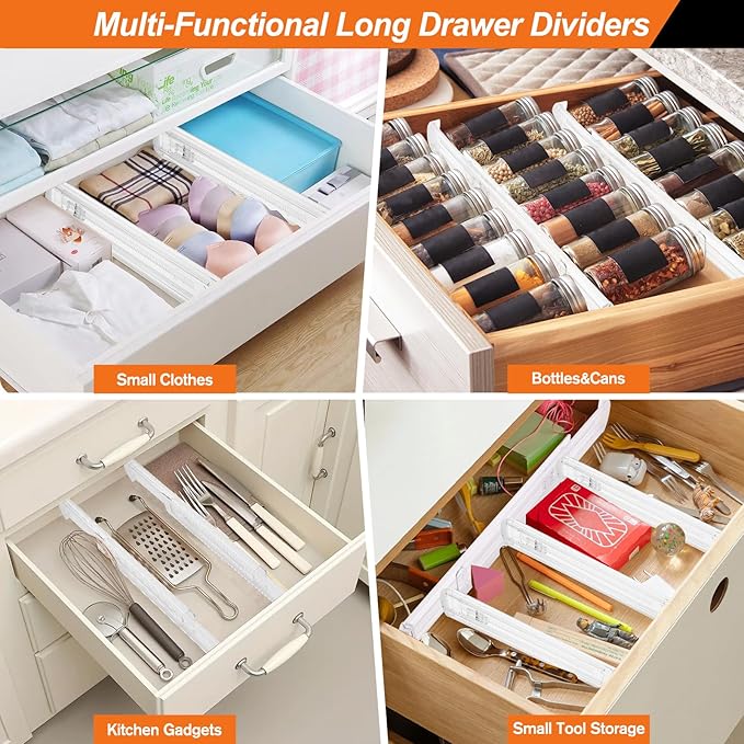 4 Pack Drawer Dividers for Clothes, 2.3" High 13"-21" Adjustable Drawer Dividers Expandable Dresser Drawer Organizer, Clear Drawer Separators for Clothes, Underwear, Cosmetic, Kitchen Utensils Storage