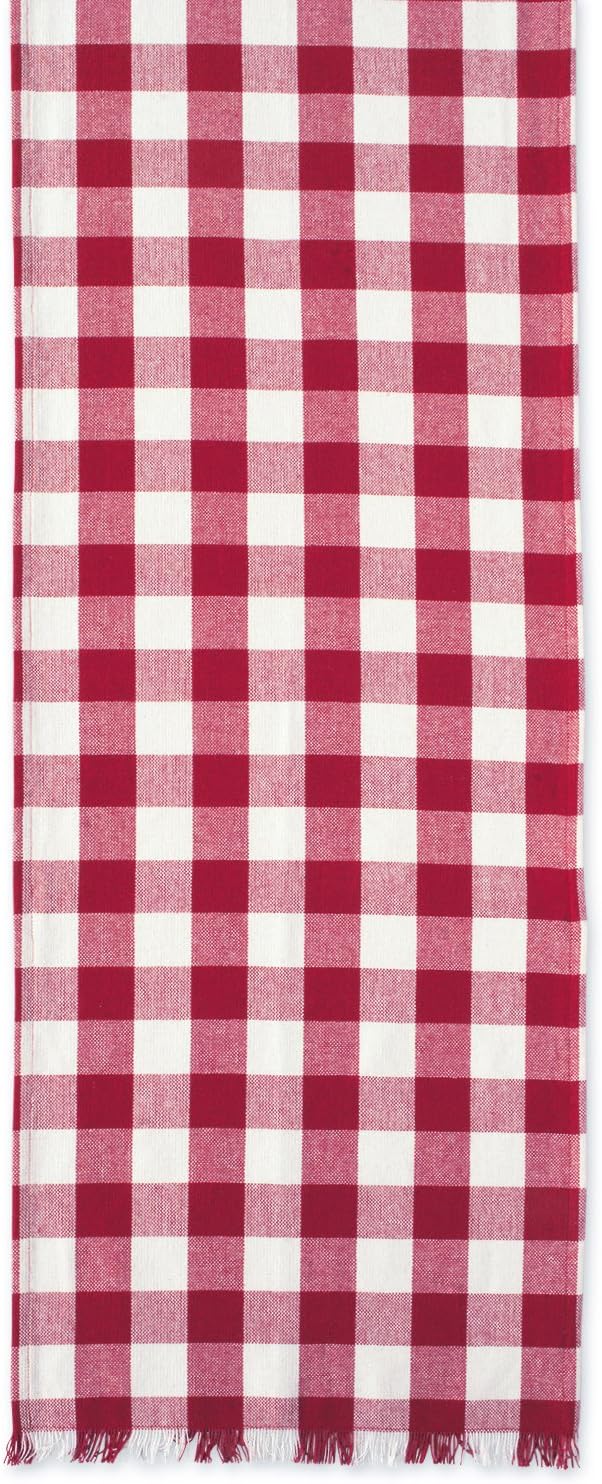 DII Heavyweight Fringed Check Tabletop Collection, Table Runner, 14x72, Wine