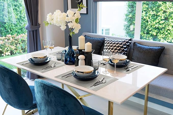 More Décor Dining Table Placemats, Washable Heat-Resistant PVC Vinyl Table Mats for Dining Room and Kitchen, Anti-Slip - Set of 4 - Vertical Striped White - Grey