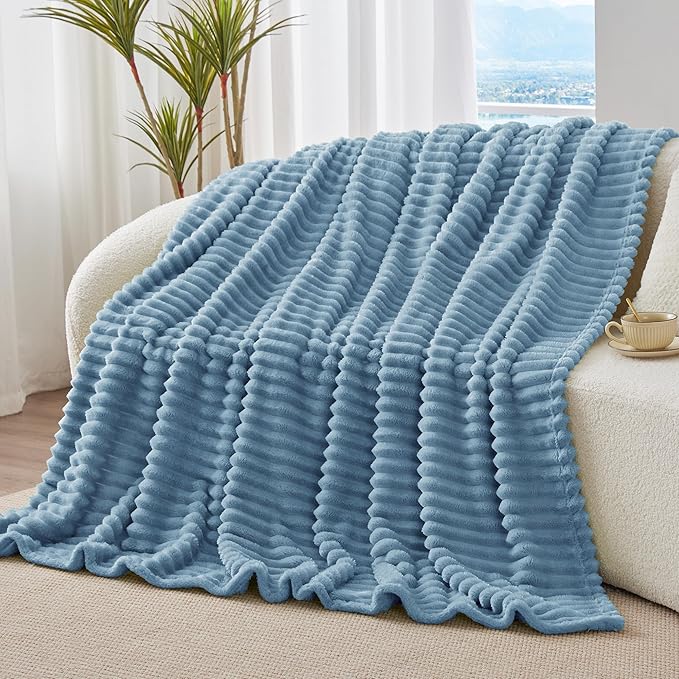 BEDELITE Twin Blanket for Couch & Bed, 300GSM Soft & Warm Fleece Blanket, Decorative and Giftable Striped Light Blue Blankets for Women, Men, 60"x80"