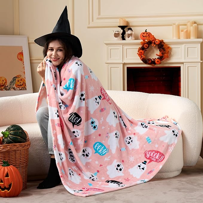 Joiedomi Halloween Throw Blanket - Soft Plush Pink Ghost Blanket - Cozy Flannel Decoration for Party, Sofa, Bed, Living Room 50"x60"