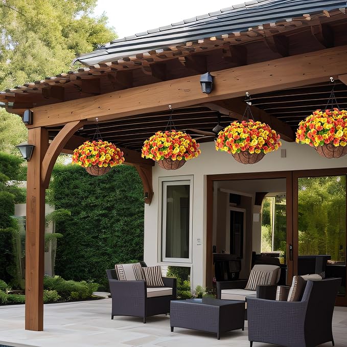 Artificial Hanging Flowers with Basket, Faux Silk Petunias Flower Arrangement, Coconut Lining with Morning Glories Fake Plants Patio Garden Porch Deck Spring Summer Decor(Orange Yellow)